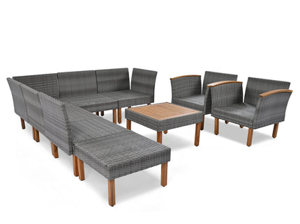 9-Piece Gray Patio Rattan Conversation Set with Cushions & Acacia Wood Accents – Modular Outdoor Sectional Sofa Set