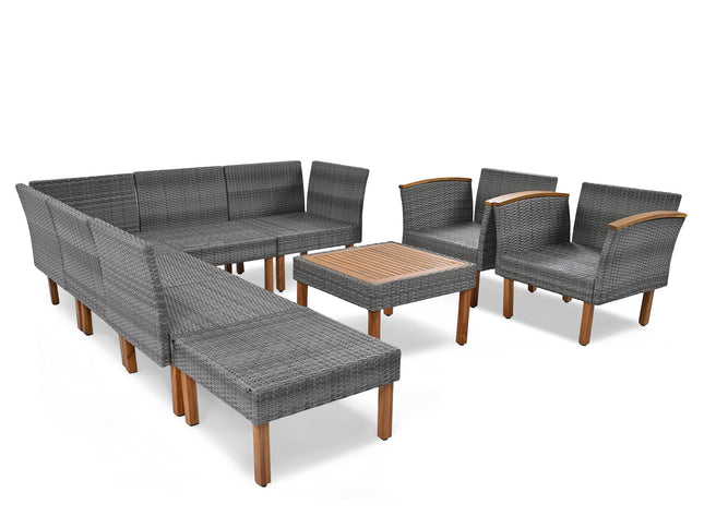 9-Piece Gray Patio Rattan Conversation Set with Cushions & Acacia Wood Accents – Modular Outdoor Sectional Sofa Set