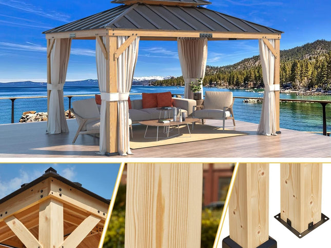 11’ x 13’ Spruce Wood Patio Gazebo with Double Asphalt Roof – Elegant Outdoor Shelter