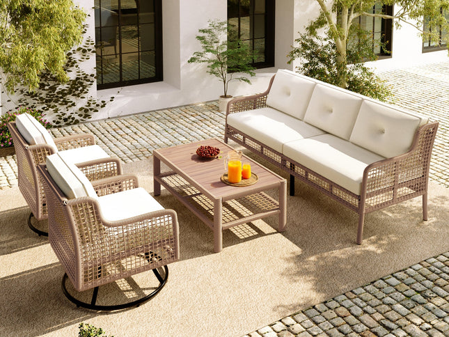 4-Piece Patio Wicker Furniture Set with Swivel Chairs, 3-Seat Sofa & Wood Coffee Table – Beige Cushions