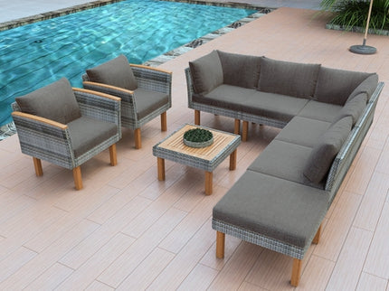 9-Piece Gray Patio Rattan Conversation Set with Cushions & Acacia Wood Accents – Modular Outdoor Sectional Sofa Set